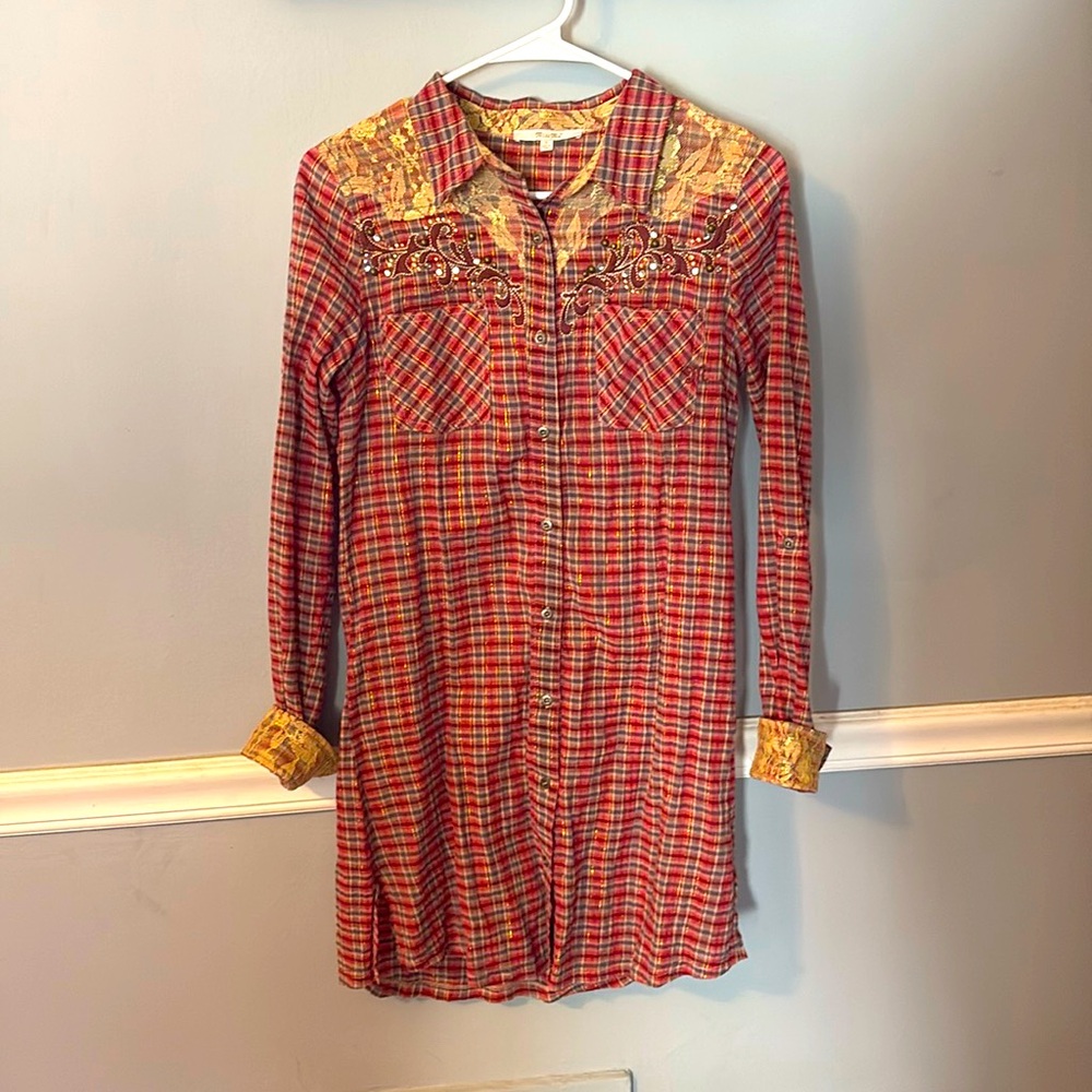 Miss Me plaid embroidered long sleeves shirt dress size S